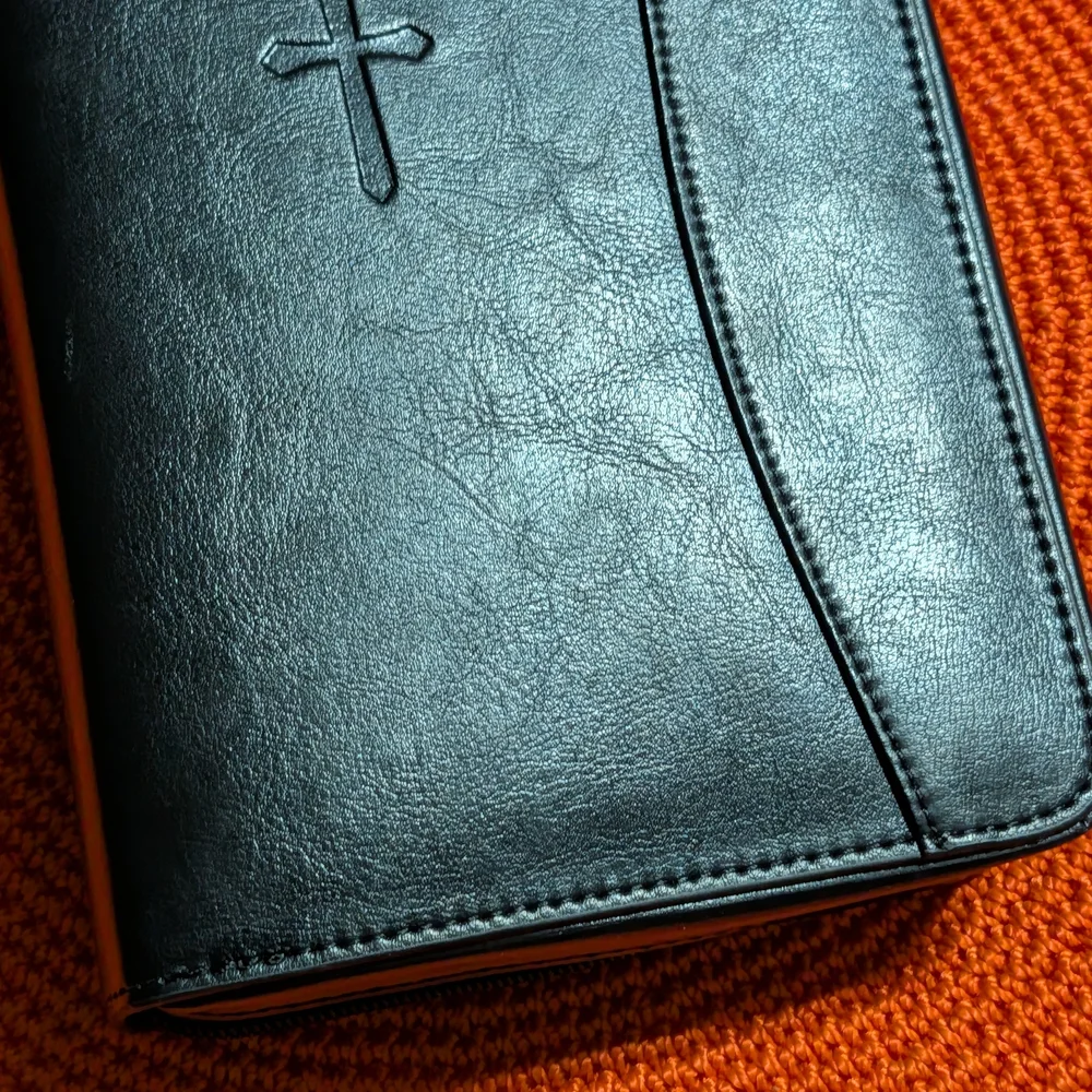 Black Faux Leather Holy Bible Cover Organizer with Cross
